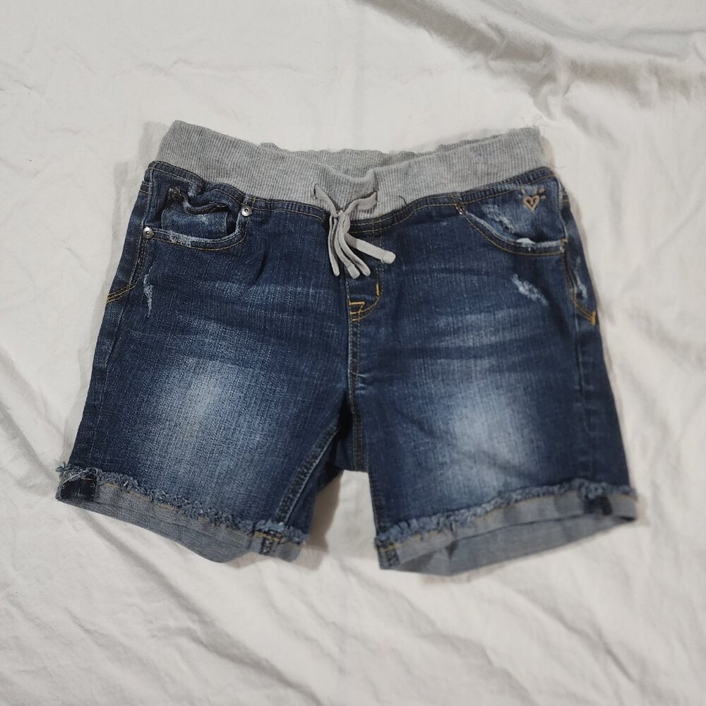 Justice Girls Distressed Jean Shorts Elastic Drawstring Waist Cuffed Blue 16R